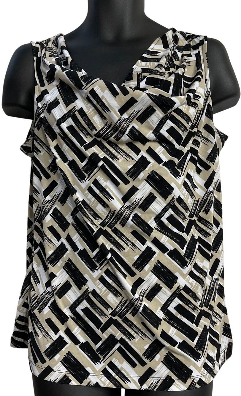 GNW Top Women XL Black Beige Abstract Print Statement Chic Cowl Neck Sleeveless